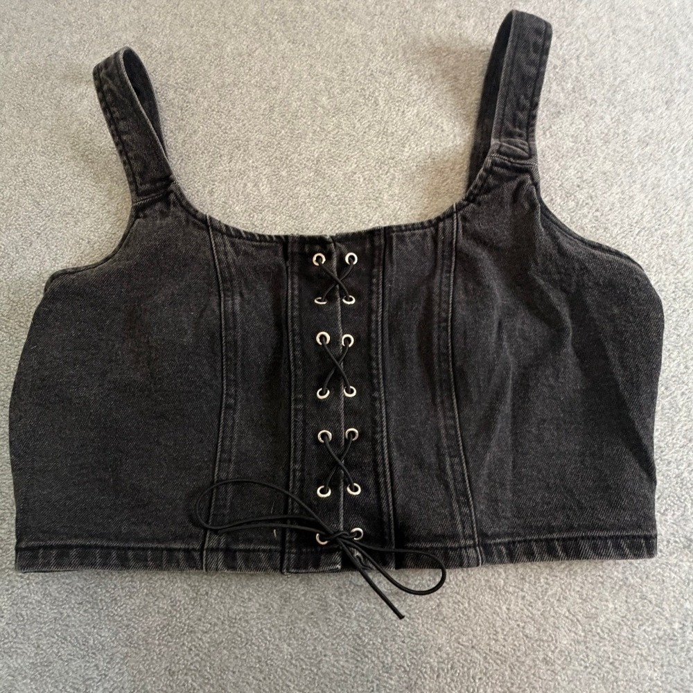 Wild Fable Denim Crop Top L Black Lace Up Corset Bustier L